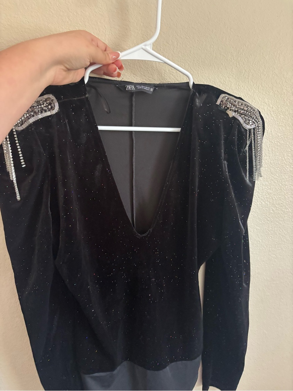Zara Black Velvet V-Neck Top with Beaded Shoulder Fringe